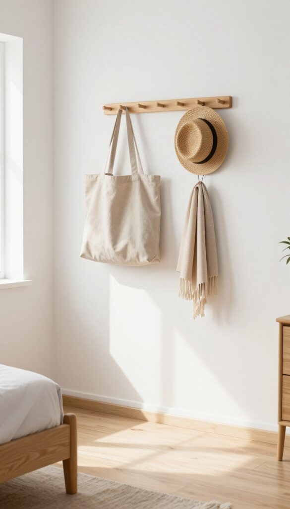 A wooden peg rail on a wall in a small bedroom, holding a bag, hat, and scarf, with natural light and clean decor.
