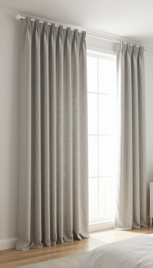 Modern boy's bedroom with light linen blackout curtains on a slim white rod, bright natural light, clean and minimalist design.