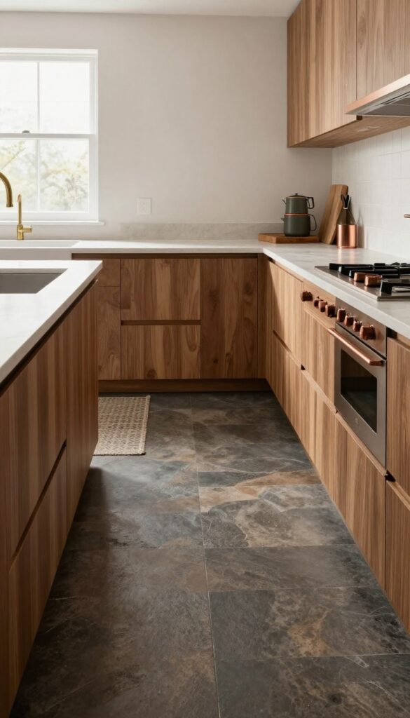 Rustic slate-look porcelain tile floor in a warm, industrial kitchen with wood cabinets and brass fixtures