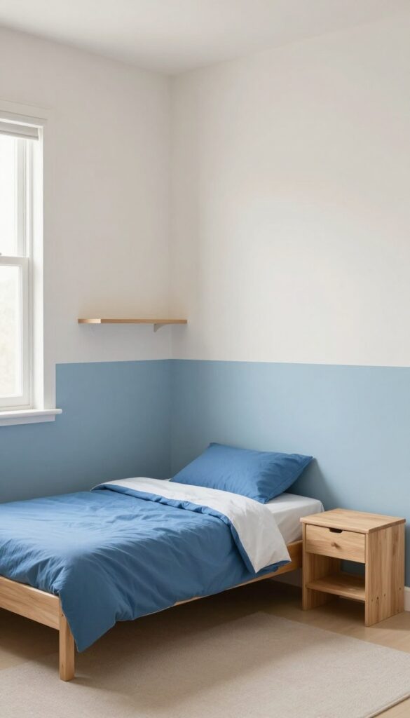 Small boy's bedroom with two-tone blue and white walls, bed and shelf, bright natural light.