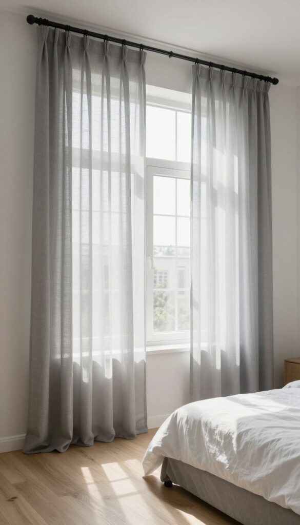Soft grey sheer curtains in a bright bedroom with sunlight filtering through, creating a calm and airy atmosphere.