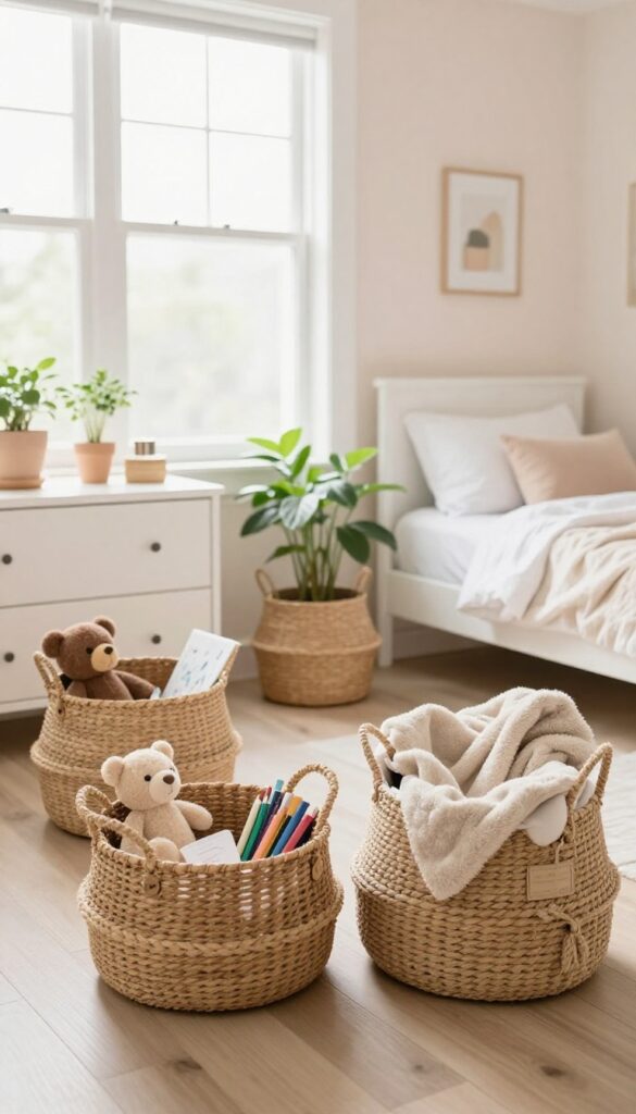 Girl's bedroom with decorative woven baskets for storage, holding toys and art supplies, natural light, cozy and organized.