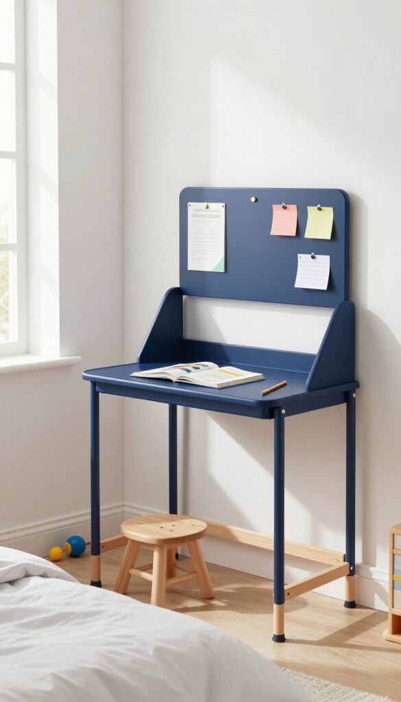 Small boy's bedroom with a wall-mounted fold-down desk in navy blue, open with books and a magnetic board above, stool underneath, bright natural light, clean and uncluttered.