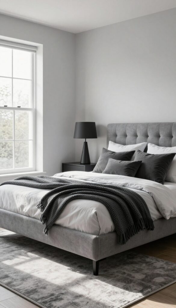 Layered grey bedroom with light walls, medium grey bed, dark accents, and natural light