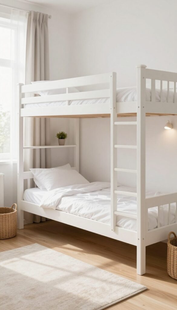 L-shaped bunk bed in corner of bright children's bedroom with white frame, individual reading lights, and storage baskets underneath
