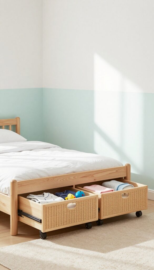 Under-bed rolling storage drawers with woven fronts in a bright kids' bedroom