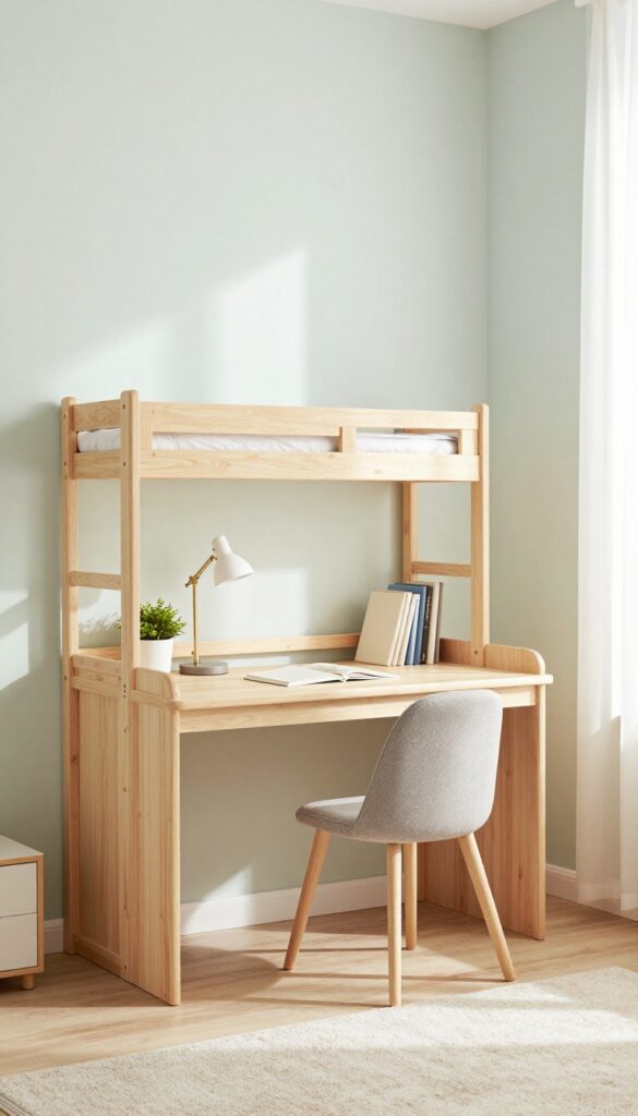 Loft bed with built-in desk underneath in a bright kids' bedroom