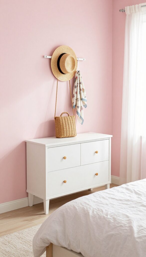 Cozy small bedroom with a peg rail holding a bag, hat, and scarf, bright natural light, pastel wall, tidy bed.