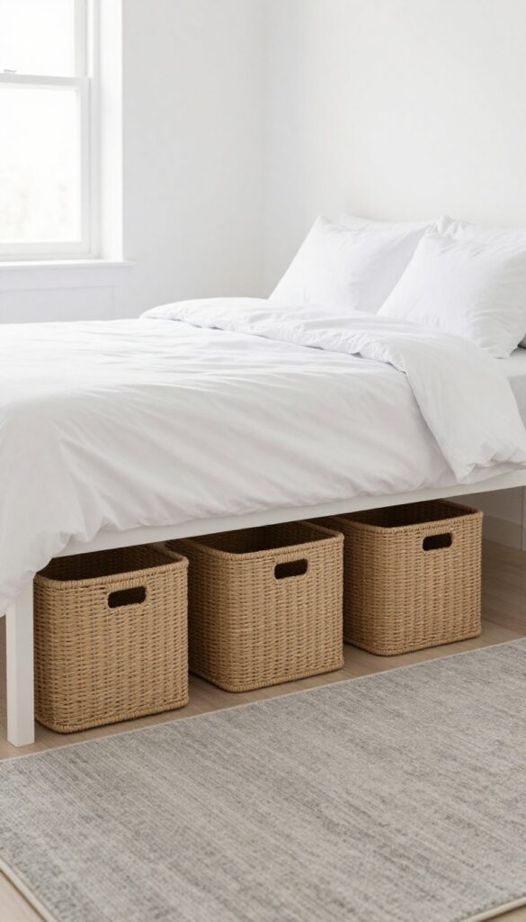 Small adult bedroom with under-bed storage bins in woven seagrass, neutral tones, clean and calm atmosphere.