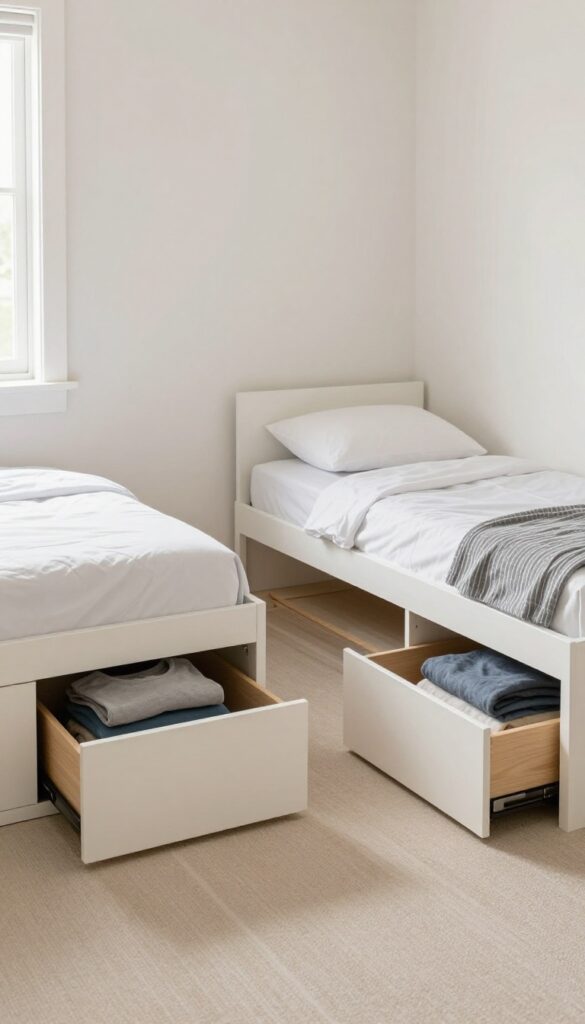 Twin boys bedroom with under-bed storage drawers open, showing organized bins and clothes, bright natural light, clean and modern design.