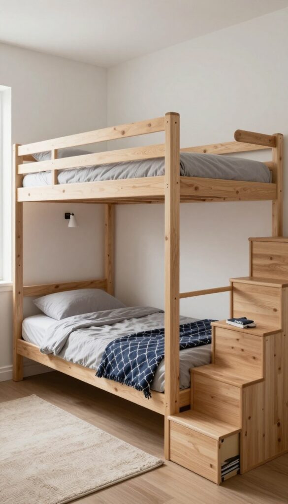 Twin-over-full bunk bed with stairs and storage drawers in a bright small bedroom