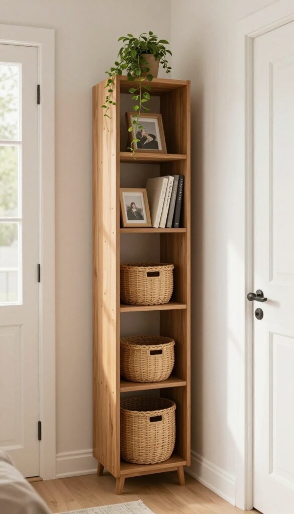 Tall narrow bookcase on a narrow wall beside a bedroom door, with books, plant, and baskets, natural light, calm and clutter-free bedroom.