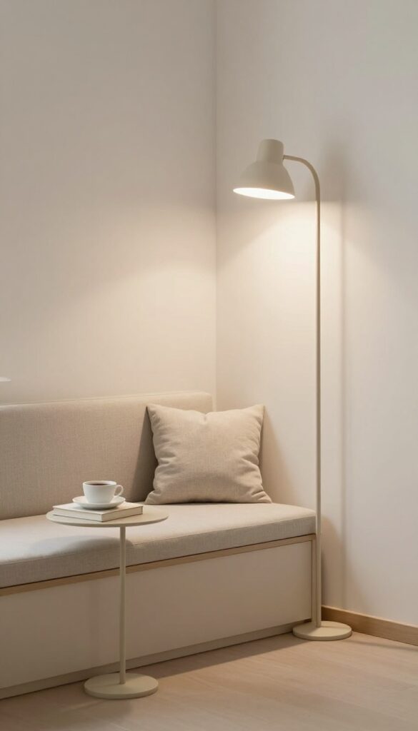 A small reading nook in a guest room corner with a cushioned bench, floor lamp, and side table