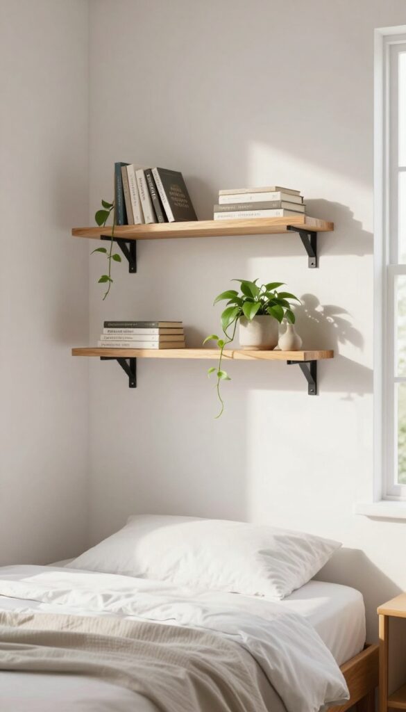 Floating shelves above a bed in a small bedroom with books, a plant, and a vase, styled minimally with natural light.