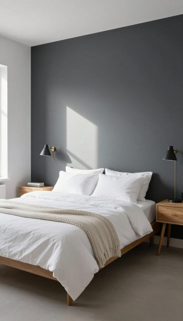 Small bedroom with dark charcoal accent wall, white bedding, wooden nightstands, brass sconce, and natural light.