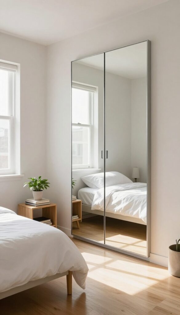 Tiny guest bedroom with mirrored closet doors reflecting light and space