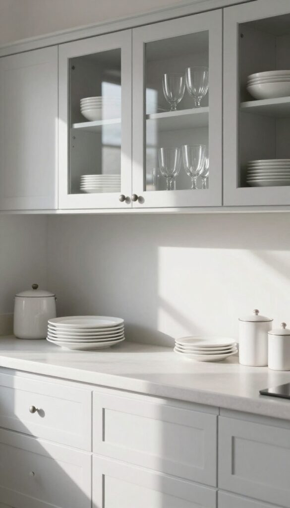 Light grey kitchen with glass-front cabinet inserts showing white dishes and glassware, creating depth and an airy feel.
