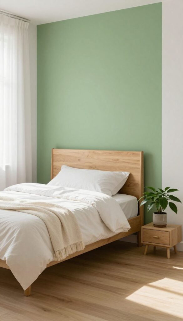 Moss green accent wall behind a wooden bed with white bedding and a plant on the nightstand in a bright bedroom.