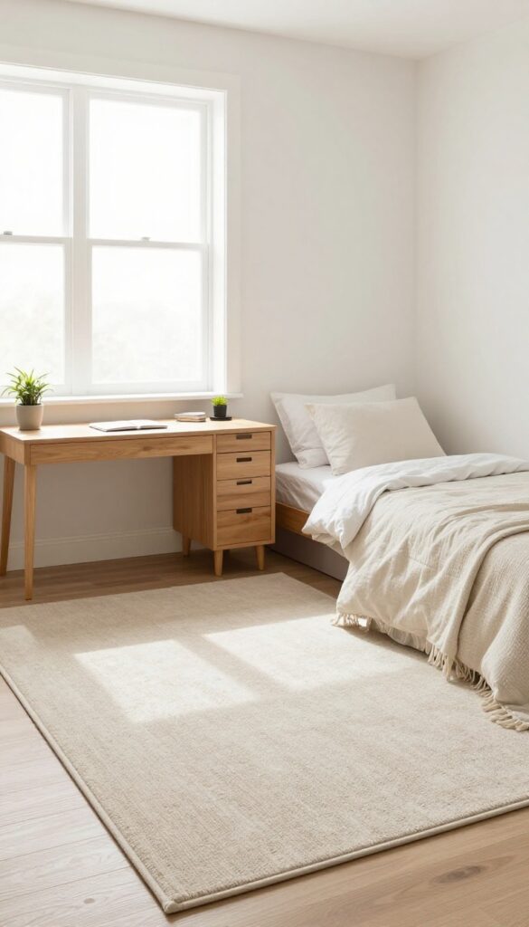 A guest bedroom office with a large neutral rug under a desk and bed, unifying the space.
