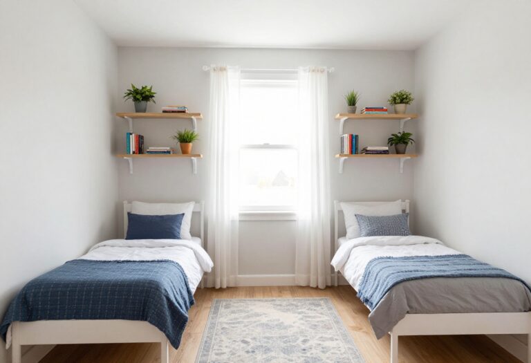 Two girls' bedroom with twin beds, room divider, and floating shelves in a bright small space
