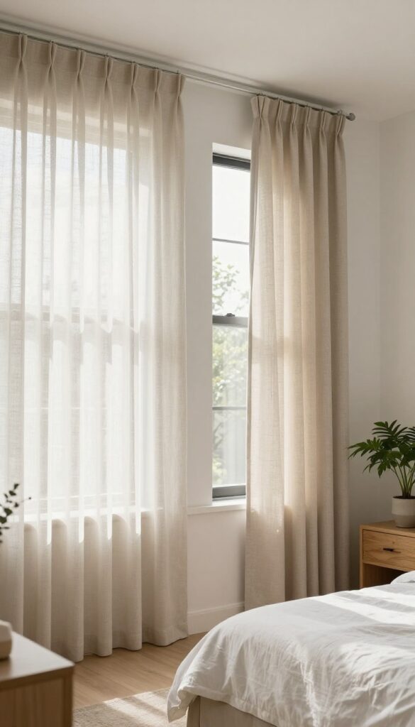 Guest bedroom with blackout curtains and sheer layer, neutral tones, bright natural light