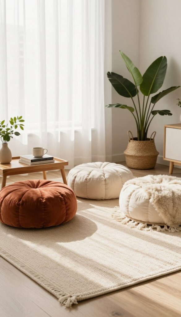 Cozy boho living room with layered floor cushions and low tray table in natural light