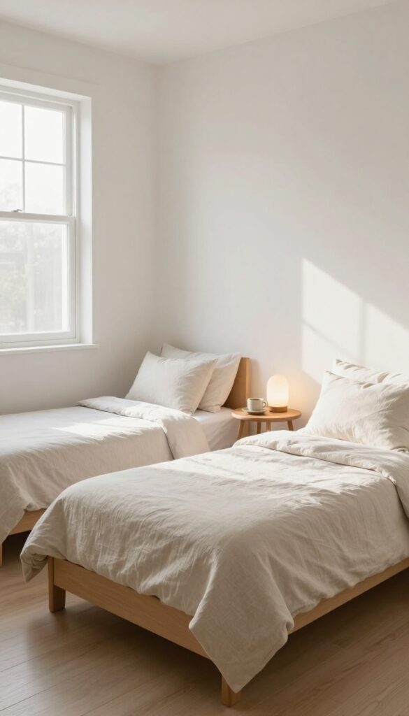 Two twin beds arranged in an L-shape in a bright guest room, with a small round table in the corner and neutral bedding.
