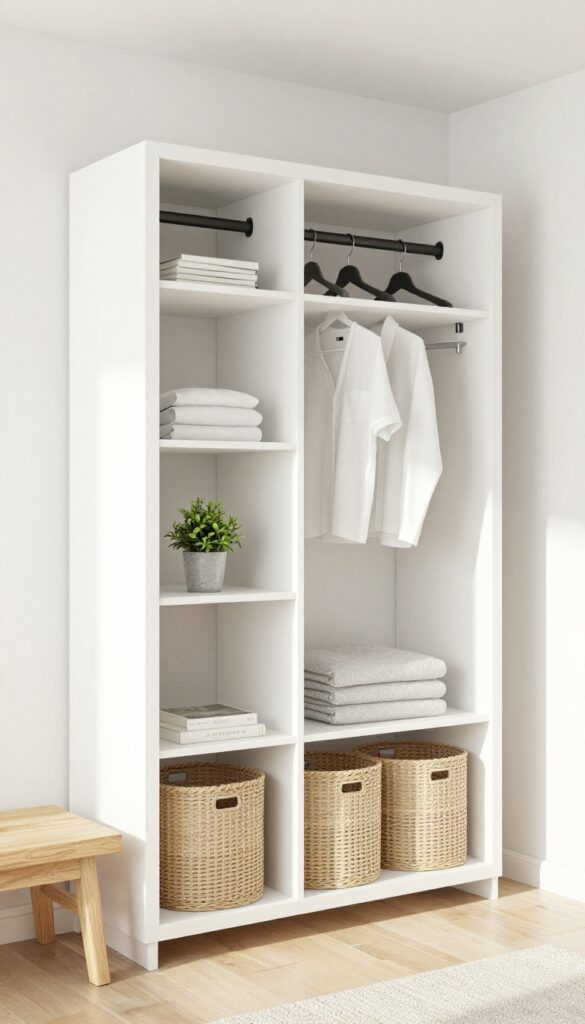 Modern boy's bedroom with open closet system, sleek rods and cubbies, organized with matching hangers and baskets, low bench nearby, bright natural light.