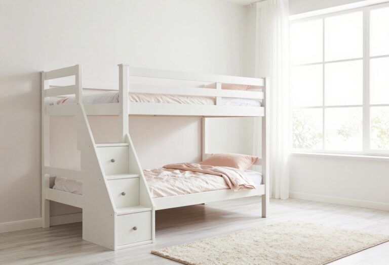 Modern white bunk bed with stairs and drawers in a bright girls' bedroom