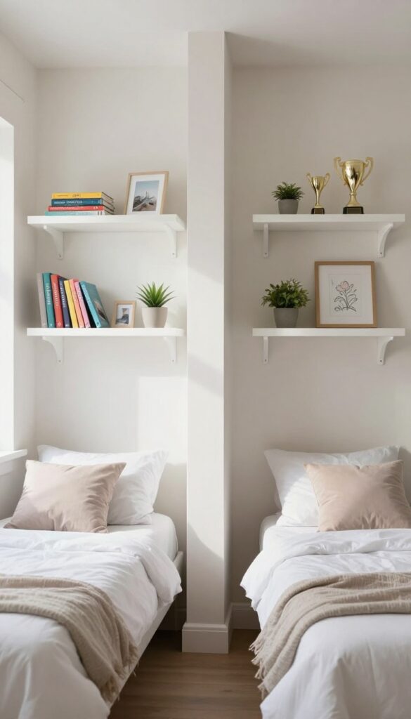 Two girls' beds with matching floating shelves above each, displaying personalized items in a bright, uncluttered shared bedroom.