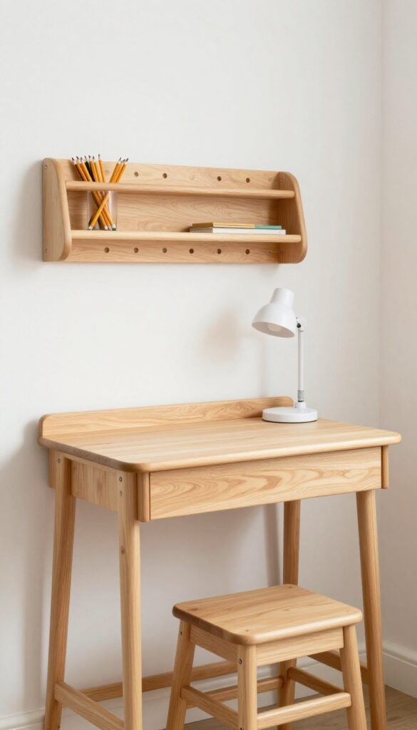 Wall-mounted fold-down desk in a small boy's bedroom, closed position with peg rail and stool underneath.