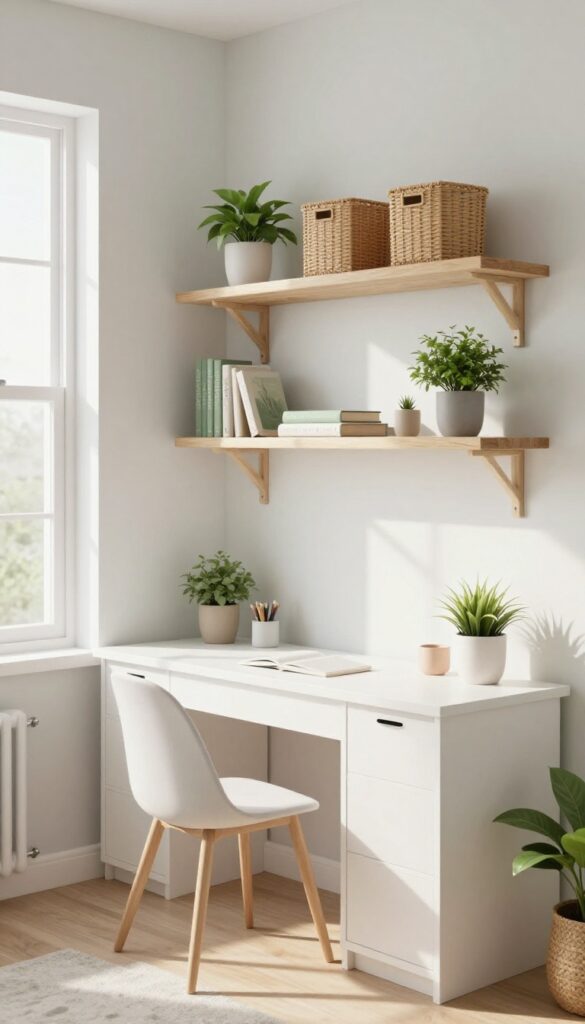 Floating shelves above a desk in a small teen bedroom with storage bins and decor
