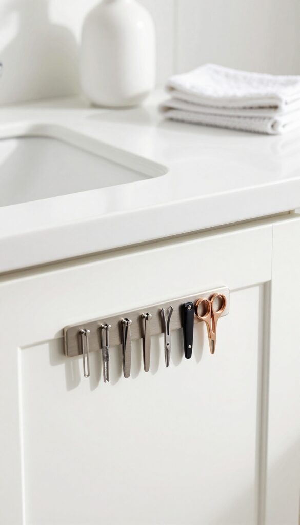 Magnetic strip inside cabinet door holding small metal grooming tools in bright guest bathroom