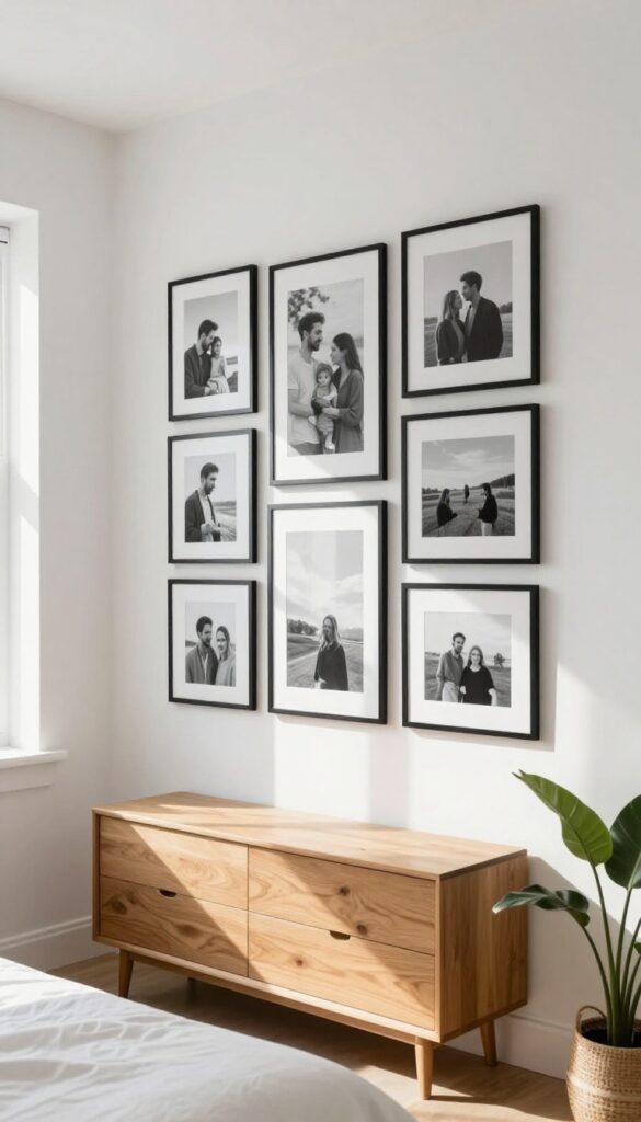 Black and white gallery wall with personal photos in black frames above a dresser in a bright bedroom