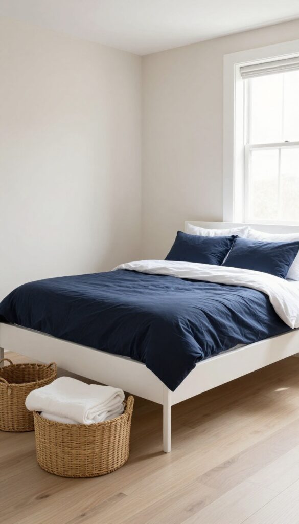 Guest bedroom with under-bed storage baskets containing extra pillows and blankets
