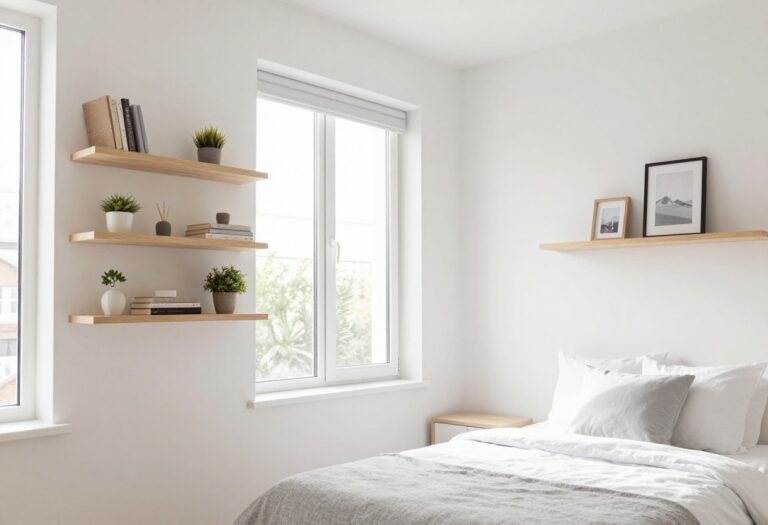 Small bedroom with asymmetrical floating shelves displaying books and a plant, natural light, neutral decor.