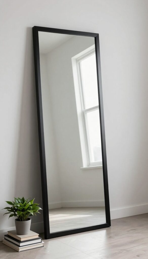 Full-length mirror with dark frame leaning against wall in small bedroom, reflecting light and expanding space
