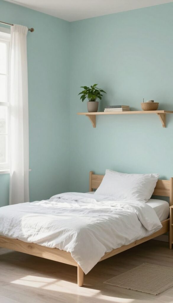 Small bedroom with pale aqua walls, floating shelves with plants and books, bright natural light, airy and uncluttered.
