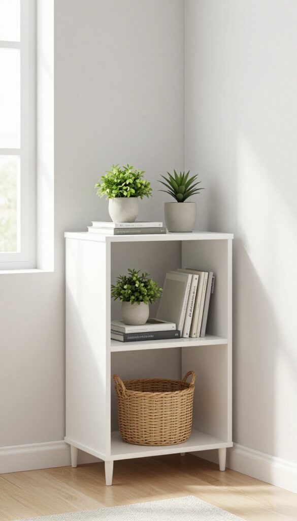 Corner shelf unit in a small bedroom with plants, books, and a basket, natural light