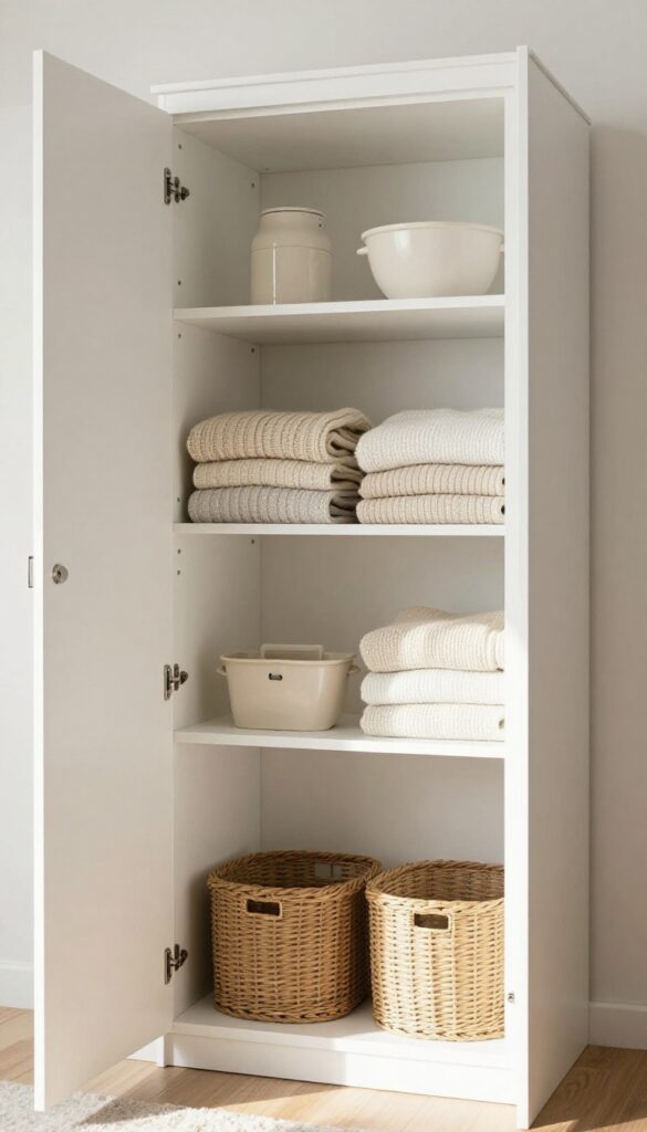 Small bedroom wardrobe with open shelf section for daily essentials, featuring folded sweaters and baskets.