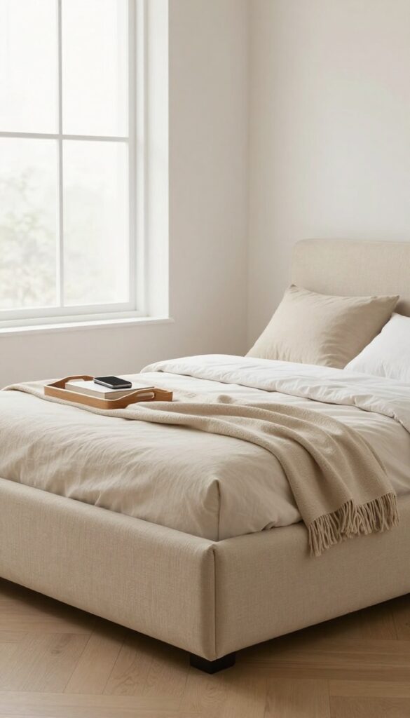 A small bedroom with a storage ottoman at the foot of the bed, styled with a throw blanket and tray.