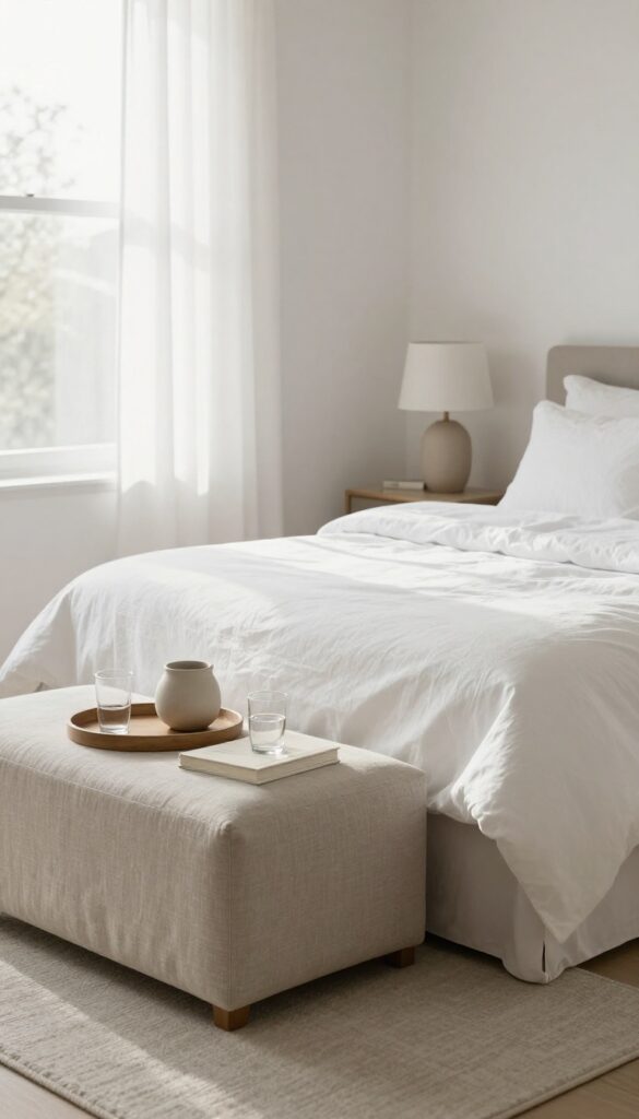 Guest bedroom with a storage ottoman at the foot of the bed, topped with a tray holding a lamp, book, and glass of water.