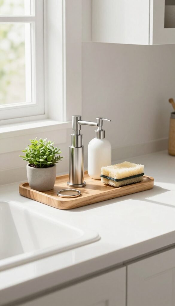 Coordinated brushed nickel soap dispenser, sponge holder, and lotion pump on a wooden tray with a small plant and ring dish on a kitchen counter by a sunny window.