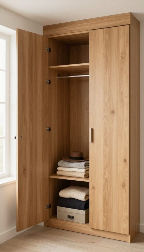 Hidden safe behind a false panel in a bedroom closet, disguised by sweaters and a hat box