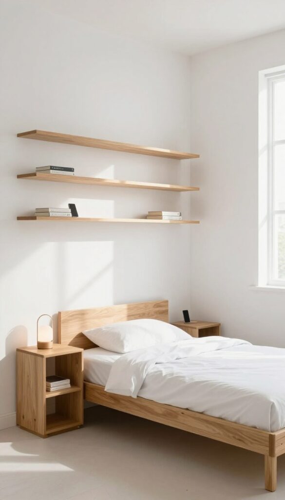 Small bedroom with wall-mounted nightstands, floating shelves beside bed, warm wood, natural light, minimalist decor.