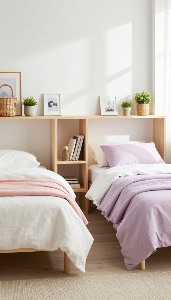 Shared girls bedroom with open shelving room divider, two beds, baskets, and plants in natural light