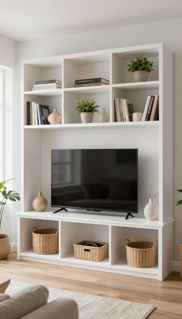 Living room with TV centered between open shelves styled with books, plants, and baskets in natural light