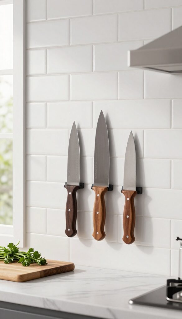 Magnetic knife strip on backsplash with three knives under warm lighting