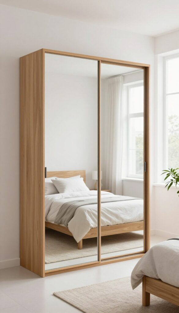 Small bedroom with mirrored closet door reflecting light and creating depth