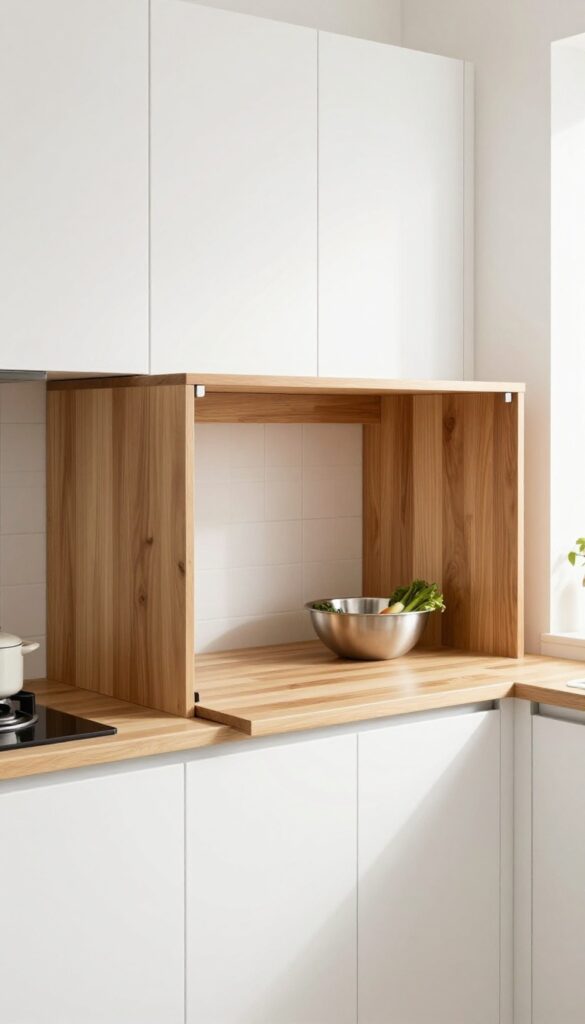 Fold-down wooden countertop extension in a small Indian kitchen, providing extra prep space, with vegetables and a bowl on top.